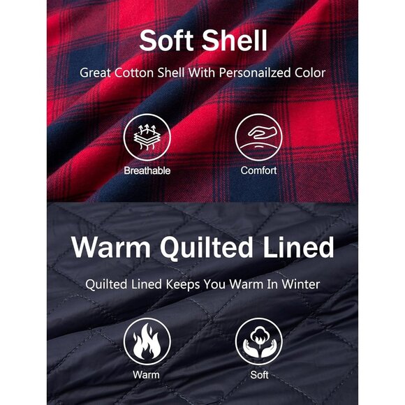 🆕 Men Red Flannel Shirt Jacket Quilted Lined Winter Warm Coat Button Up Hoodie - Picture 4 of 6